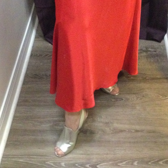 Red silky evening gown, sheer top, flare bottom - Picture 6 of 14